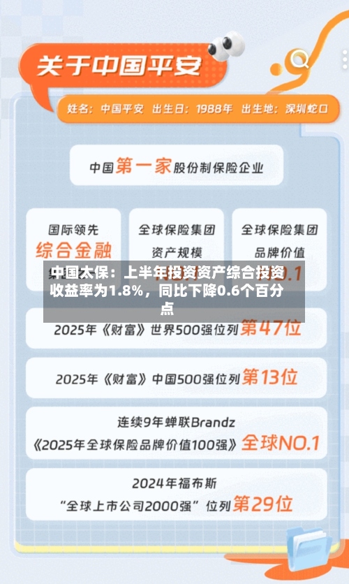 中国太保：上半年投资资产综合投资收益率为1.8%，同比下降0.6个百分点