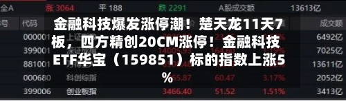 金融科技爆发涨停潮！楚天龙11天7板，四方精创20CM涨停！金融科技ETF华宝（159851）标的指数上涨5%