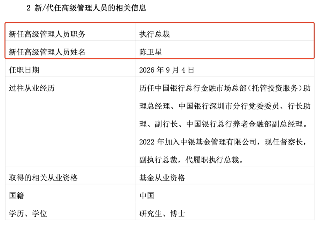 官宣！7000亿级基金公司中银基金新总裁定了，陈卫星出任！